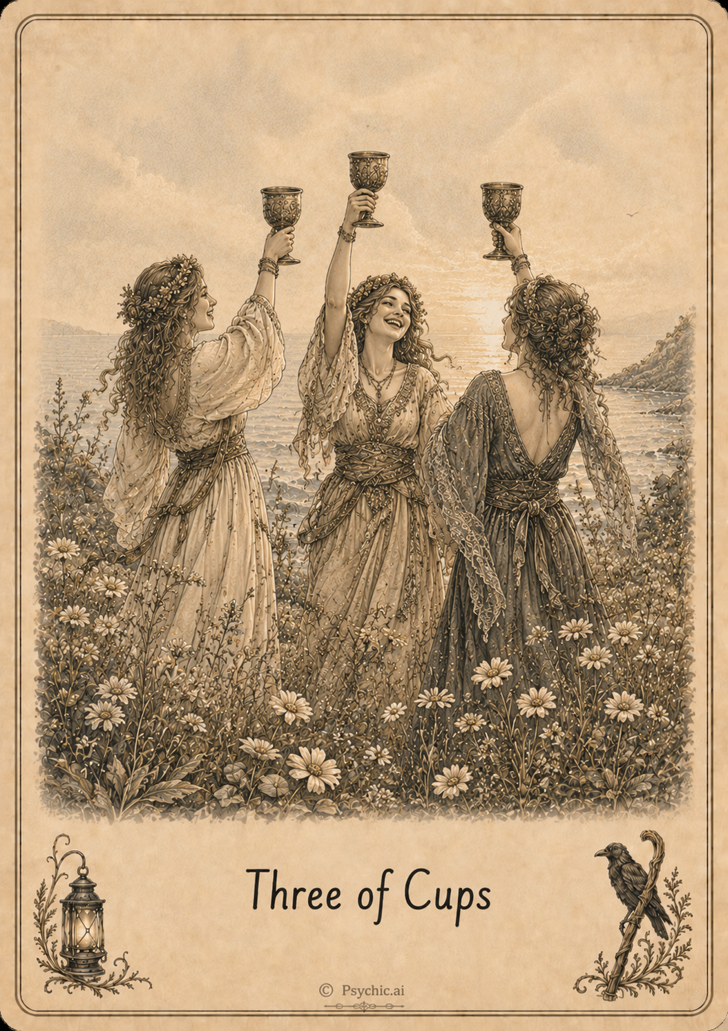 Three of Cups tarot card illustration